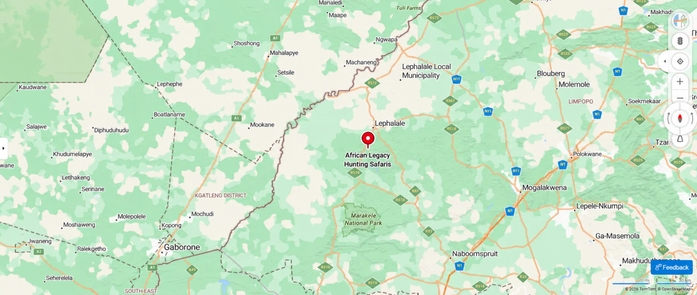 Map showing African Legacy Hunting Safaris near Lephalale, South Africa